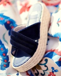 Sandalias Stuart Weitzman Pufftopraffia Azul Marino Terciopelo Cuña Plataforma Rafia 8.5 - Imagen 1 de 16