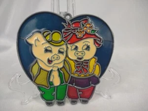 Vintage Pig Couple Suncatcher Stained Glass Window anthropomorphic heart 4 1/4" - Picture 1 of 10