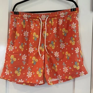 Mens Novelty Print Swim Trunks Orange Floral Flower Mushrooms L Large 36 37 38 - Picture 1 of 16