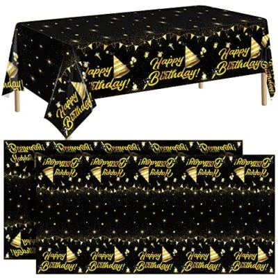  2 Pack Birthday Tablecloth Table Cover Plastic Black Gold Black Gold Birthday - Image 1 of 4