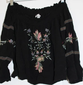 American Eagle Outfitters Shirt Floral Embroidered Off Shoulder Womens Black M - Picture 1 of 6