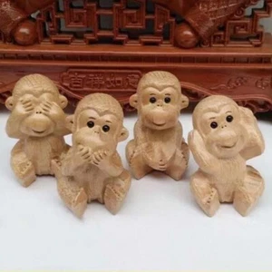 Walnut/Boxwood Figurine "Four Wise Monkeys" Hear See Speak Do No Evil Pendant - Bild 1 von 9