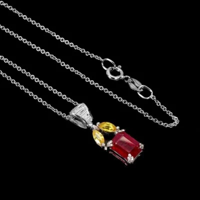 925 Sterling Silver Necklace Octagon Ruby 8x6mm Yellow Sapphire Gemstone Jewelry - Image 1 of 4