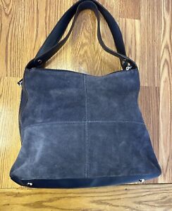Tignanello-Blue Suede Leather Double Handle Multi Pocket/ 2 Tone Sides Handbag