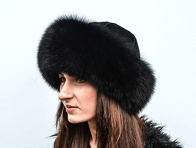 Jet Black Fox Fur & Black Leather Women's Vault Winter Furry Hat - Image 1 of 4