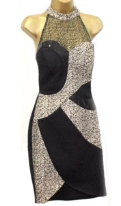 Lipsy Black Gold Bodycon Dress 12 Sequin Lace Party Occasion Wedding Xmas Club - Picture 1 of 19