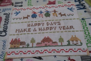 Vintage Handmade Cross Stitch Linen Sampler Embroidery 8" x 10" Happy Days - Picture 1 of 3