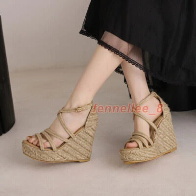 Womens Wedge Heel Buckle Strap Shoes Summer Espadrille Platform Roman Sandals Sz - Image 1 of 4