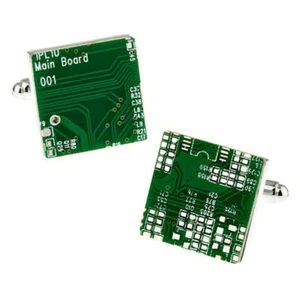 CIRCUIT BOARD CUFFLINKS Computer Chip Tekkie Tech Green Square NEW w GIFT BAG - Picture 1 of 3