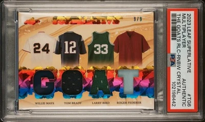 2023 Leaf Superlative GOAT #TG6 /9 GAME USED Relics Mays Brady Bird Federer PSA - Image 1 of 4