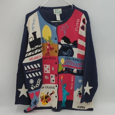 Quacker Factory Vintage Cardigan Destination Cities 1x Knit Button Down Women's - Image 1 of 4