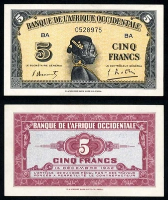 1942 French West Africa Five Francs World War II Issue Banknote P# 28b Crisp AU - Image 1 of 3