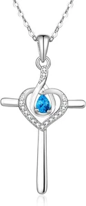 925 Sterling Silver Cross Birthstone Necklace for Women Cross Water Drop Pendant - Picture 1 of 7