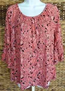 MICHAEL KORS WOMENS CORAL PAISLEY PRINT 3/4 FLARED SLEEVE TOP BLOUSE L NWT $64 - Picture 1 of 6