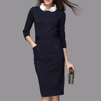 Victoria by Victoria Beckham Nitta Navy Sheath Dress XXL White Peter Pan Collar - Image 1 of 4