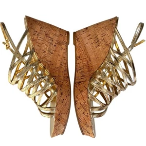 Rampage Gold Metallic Strappy Sandal Womens Sz 8 Cork Wedges Glam Holiday Club - Picture 1 of 14