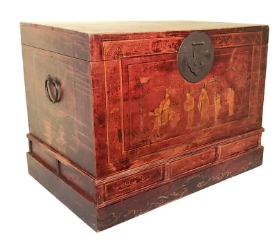 Antiguo baúl chino pintado a mano (3596), laca roja, circa 1800-1849 Foto 1 de 4