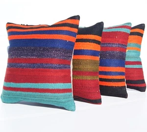 STRIPED RUG CUSHION HAND WOVEN 4 KILIM PILLOW 16" SQUARE WOOL TURKISH AREA RUG - Picture 1 of 5