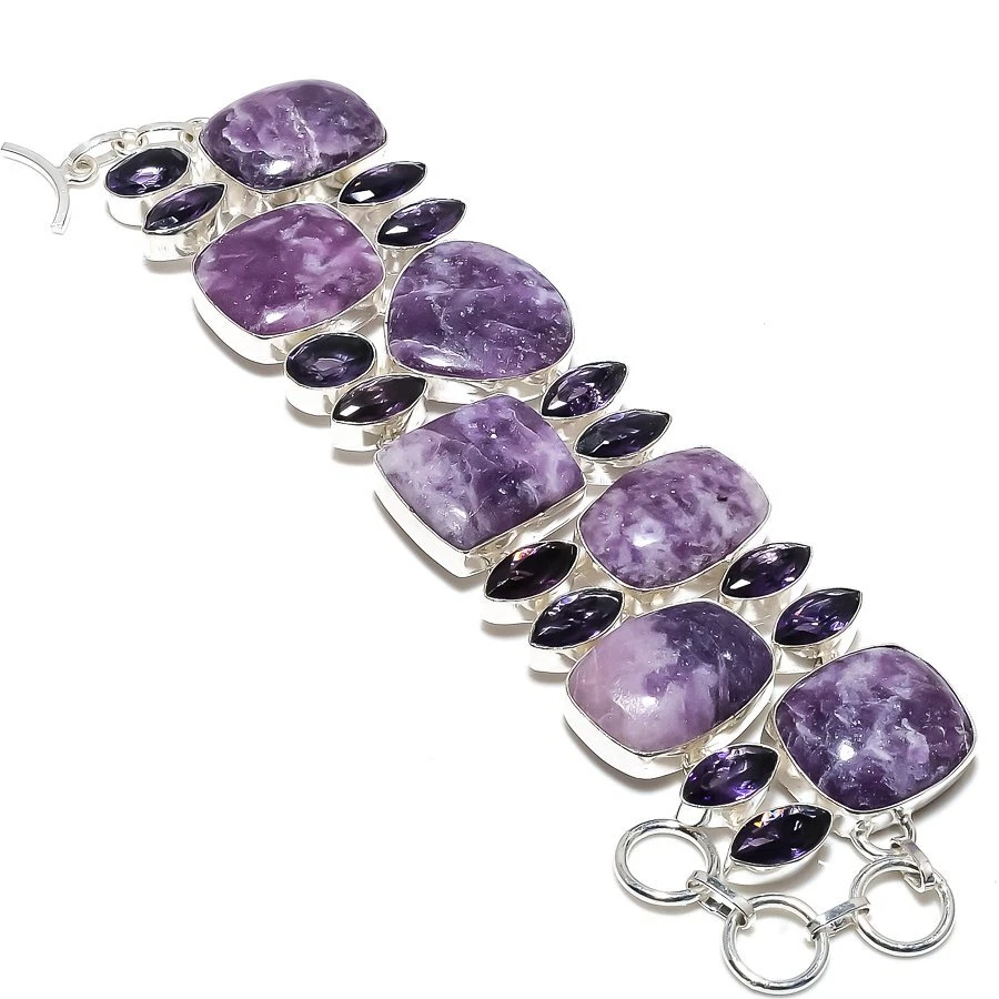 Brazalete de plata de ley 925 con piedras preciosas de amatista y lepidolita natural 7-8" F168 Foto 1 de 4
