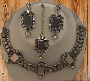 Ethnic Bollywood Style Design Silver Oxidized Long Indian Necklace Jewelry Set2 - Picture 1 of 6