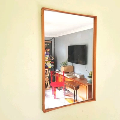 Vintage Mid-Century Large Curved Deep Frame Mirror Elm Light Wood Danish Scandi - Image 1 of 4
