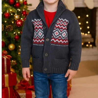 Cárdigan gris OSH KOSH B'gosh para niños talla 5T Fair Isle con botones bolsillo frontal #K Foto 1 de 4