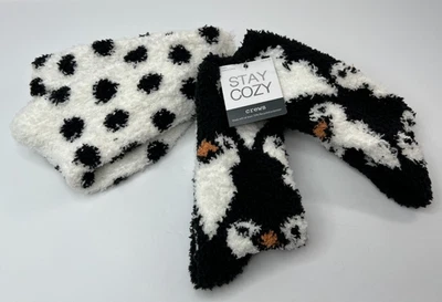 NWT 2 Pair Stay Cozy Crew Socks Women's One Size 4-10 Black White Fuzzy - Image 1 of 2