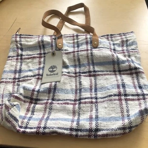 Timberland Baumwolle Leder Creme Blau Kariert Beuteltasche Schultertasche Große Tasche 18" BESCHÄDIGT - Bild 1 von 4