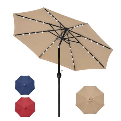 Paraguas iluminado LED con energía solar de 9' con botón pulsador inclinable exterior jardín bronceado Foto 1 de 4