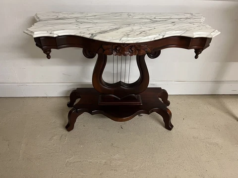 Victorian Revival Mahogany Carved Table Italian Marble Center Cover