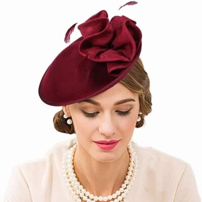Pastillero Borgoña Boda Lana Fieltro Fascinadores Sombreros Derby Iglesia Sombrero Para Mujer Foto 1 de 3