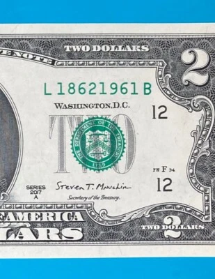 L 1862 1961 B TRAILING YEAR 1961 $2 Two Dollar Bill Serial Number 2017A *UNC* - Image 1 of 3