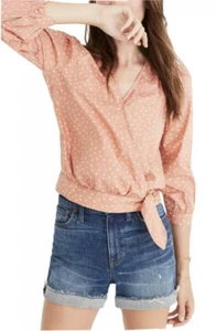 Madewell Blouse V Neck Size XS Stars Wrap Peach 3/4 Sleeve Cropped Tie Waist - Picture 1 of 8