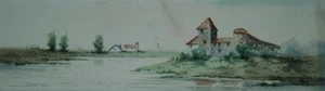 Antique Small Work Unsigned Watercolor Seascape With Homes on a Point of Land - Picture 1 of 3