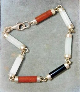 Vintage Plata de Ley la Suerte Deseos Celadon Jadeíta Tubo Piedra Enlace Pulsera - Imagen 1 de 3