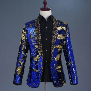 Men Reversible Two Tone Shiny Sequin Cardigan Jacket Suit Stage Costume Coat Top - Picture 1 of 18