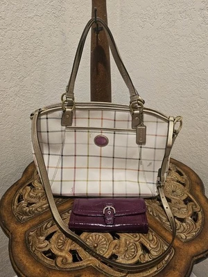 Coach Peyton Tattersall Tote Purse Handbag Ivory Plaid & Wallet  - Image 1 of 4