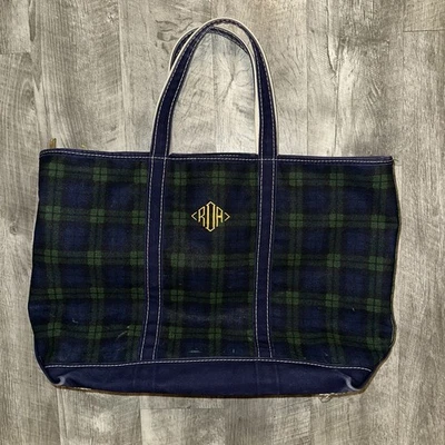 VINTAGE L.L.BEAN Boat and Tote Large Plaid Green Blue Canvas Zip Top Bag USA - Image 1 of 4