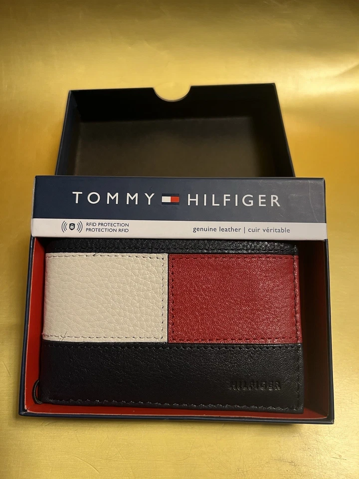 Tommy Hilfiger Men's Leather Wallet RFID Bifold 31TL220109 Red White Blue