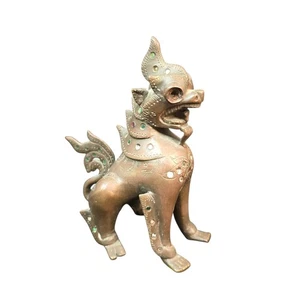 Vintage burmesischer Bronze Tempelwächter Löwe Hund mit Schmucksteinen - Bild 1 von 24