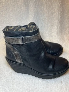 Fly London Yado Black Leather Wedge Ankle Boot Size 38 - Picture 1 of 16