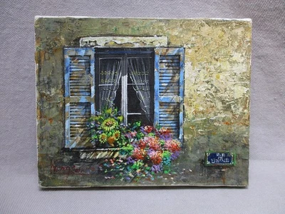 Rue De Seine Paris Small Oil Painting Window w/ Blue Shutters & Flowers, Signed - Image 1 of 4