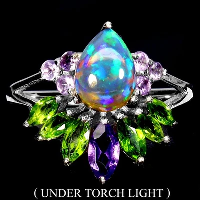 Anillo de plata de ley 925 pera ópalo negro 8x6 mm cromo diopsido piedra preciosa tamaño 7 Foto 1 de 4