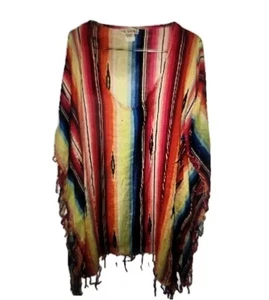 Billabong Poncho Womens Top Small Rainbow Southwestern Boho Tasseled Fringe Long - Picture 1 of 12
