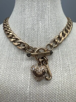 Juicy Couture Rhinestones Heart J Charm Rose Gold Tone Link Toggle Necklace 16” - Image 1 of 4