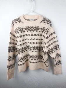&Merci Sweater Womens SZL Ivory Brown Fair Isle Pattern Open Weave Winter A19 - Picture 1 of 4
