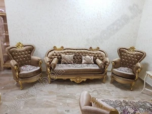 SALOTTO COMPLETO IN LEGNO FOGLIA ORO E TESSUTO ORO CON CRISTALLI - Imagen 1 de 8