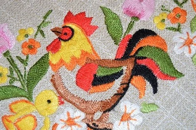 THE JAZZY EASTER ROOSTER N SPRING TULIP GARDEN! GERMAN LARGE TABLECLOTH W/ LACE - Image 1 of 4