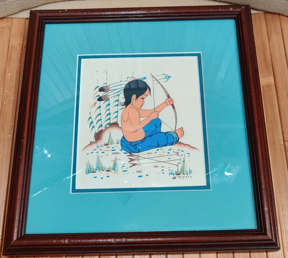 Impresión artística navajo de colección niño nativo trabajando con su arco y flechas Beatien Yazz raro Foto 1 de 4