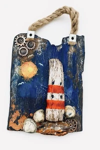 Nautical decoration; rustic picture; wooden lighthouse; driftwood art. Handmade. - Picture 1 of 4